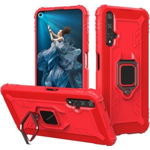 Voor Huawei Honor 20 / 20S / Nova 5T Carbon Fiber Beschermhoes met 360 graden roterende ringhouder(rood)