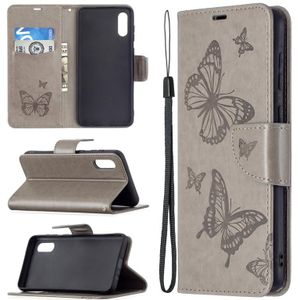Voor Samsung Galaxy A02 embossing twee vlinders patroon horizontale flip PU lederen geval met houder en kaartsleuf & portemonnee & lanyard (grijs)