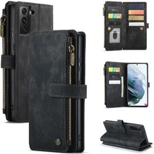 Voor Samsung Galaxy S21 FE CASEME-C30 PU + TPU Multifunctionele Horizontale Flip Leren Case Met Houder & Card Slot & Portemonnee & Rits Pocket (Zwart)