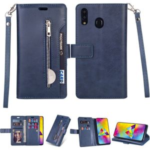 Voor Samsung Galaxy M20 Multifunctionele Rits Horizontale Flip Lederen Case met Holder & Wallet & 9 Card Slots & Lanyard(Blue)