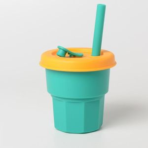 Kinderen siliconen stro cups drop en hoge temperatuur resistente water cups groene beker + gele cover (400ml)