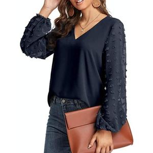 V-hals chiffon wollen bal decoratieve lange mouw blouse (kleur: donkerblauw maat: XXL)