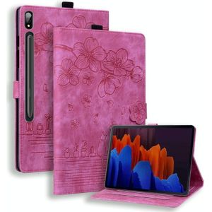 Voor Samsung Galaxy Tab S9 Ultra /S8 Ultra Cartoon Sakura Kat Relif Leren Tablet Case (Rose Rood)