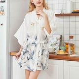 Womens Summer Print Kimono Robe Satin Lace Gown Fashion Sleepwear  Size:XL(Wit)