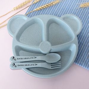 3 STKS/set baby Bowl + lepel + vork voeden voedsel tafelgerei cartoon Bear Kids gerechten eten serviesgoed (blauwe set)