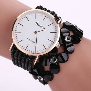 Vrouwen ronde wijzerplaat bloem Diamond hengsten armband horloge (zwart)