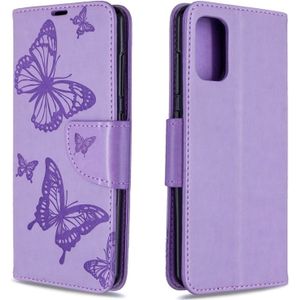 Voor Galaxy A41 Two Butterflies Embossing Pattern Horizontal Flip Leather Case met Holder & Card Slot & Wallet & Lanyard(Purple)
