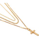Vrouwenhand gemaakte multi kettingen Kruis hanger ketting (goud)