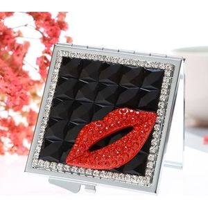 Handgemaakte Diamond mini make-up spiegel draagbare dubbelzijdige kleine spiegel ruby rode lippen (zwart)