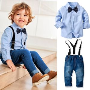 Kinderen shirt met lange mouwen + denim bretels en broeken tweedelige pak (kleur: blauwe maat: 130)