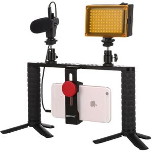 PULUZ 4 in 1 Live uitzending LED Selfie lichte Smartphone Video Rig omgaan met stabilisator aluminium beugel Kits met microfoon + statief-Mount + koud schoen statiefkop