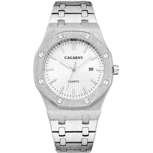 CAGARNY 6885 achthoekige wijzerplaat quartz horloge met dubbele beweging heren roestvrij stalen band horloge (zilveren schaal witte wijzerplaat)