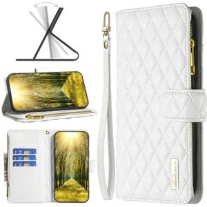 Voor Vivo Y15S Diamond Lattice Zipper Wallet Leather Flip Phone Case (Wit)