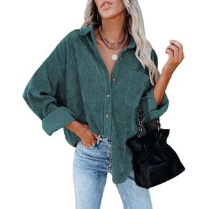 Effen kleur revers lange mouwen corduroy los casual shirt met zakken voor dames (kleur: groen maat: XL)