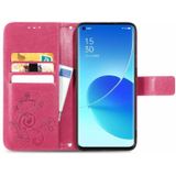 For OPPO Reno6 Pro+ Four-leaf Clasp Embossed Buckle Mobile Phone Protection Leather Case with Lanyard & Card Slot & Wallet & Bracket Function(Magenta)
