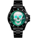 SKMEI 9195 mode water-ingelegde boor schedel nachtlampje waterdichte quartz horloge stalen strip horloge voor mannen (zwart groen)