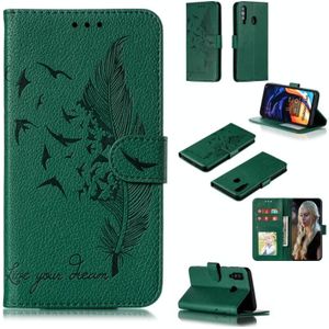 Feather patroon Litchi textuur horizontale Flip lederen draagtas met portemonnee & houder & kaartsleuven voor Galaxy A60 (groen)