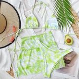 3 in 1 Lace-up Halter Backless Bikini Dames Tie-Dye Split Badpak Set met Mesh Korte Rok (Kleur: Groene Maat: L)