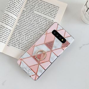 Voor Galaxy S10 Plating Kleurrijke Geometrische Patroon Mozaek Marmer TPU mobiele telefoon geval Rijnsteen Stand Ring (Roze PR1)