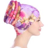 Floral Turban Hat Cotton Back Plate Hair Wrap Cap  Size:M (56-58cm)(Zwart + Roze)