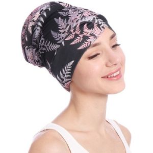 Floral Turban Hat Cotton Back Plate Hair Wrap Cap  Size:M (56-58cm)(Zwart + Roze)