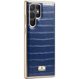Voor Samsung Galaxy S22 Ultra 5G Fierre Shann Krokodil Textuur Galvaniseren PU Telefoon Case (Blauw)