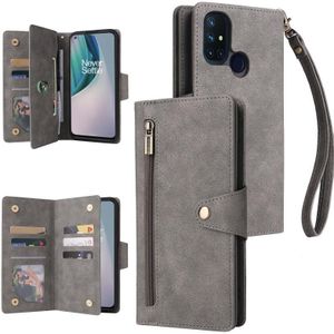 Voor OnePlus Nord N10 5G Rivet Buckle 9 Cards Three Lederen Phone Case (Gray)