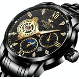 FNGEEN 2166 Mannen Drie-ogen Holle Quartz Horloge Student Sport Elektronisch Horloge (Zwart Staal Zwart Oppervlak Gouden Nagels)