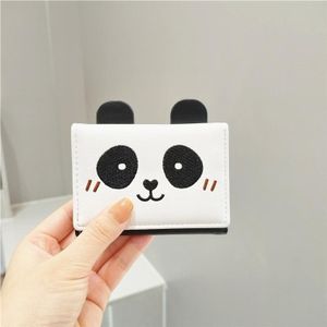 Leuke cartoon geborduurde portemonnee PU lederen mini driebladige portemonnee (zwart witte panda)