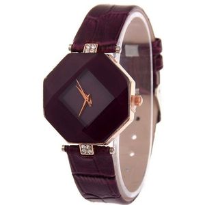 Gem cut geometrie Crystal Leather quartz horloge Fashion Watch voor dames (paars)