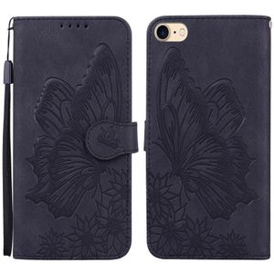 Retro huid gevoel vlinders relif horizontale flip lederen geval met houder & kaart slots & portemonnee voor iPhone SE 2020 / 8 / 7 (zwart)