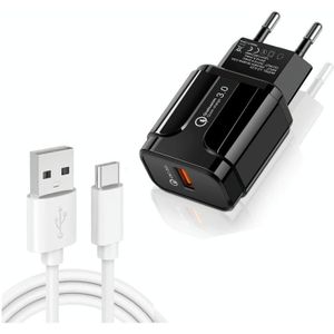 LZ-023 18W QC 3.0 USB Portable Travel Charger + 3A USB naar Type-C-datakabel  EU-stekker(Zwart)