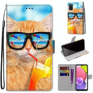 For Samsung Galaxy A03s 166mm Version Coloured Drawing Cross Texture Horizontal Flip Leather Phone Case with Holder & Card Slots & Wallet & Lanyard(Cat Drinking Soda)