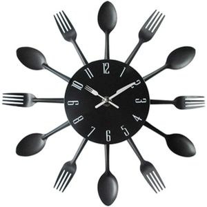 Bestek metalen keuken Wandklok lepel vork creatieve kwarts muur gemonteerde klokken modern design decoratieve horloge zwart