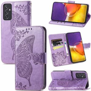 Voor Samsung Galaxy A82 5G Butterfly Love Flower relif horizontale flip lederen tas met beugel / kaart slot / portemonnee / lanyard (licht paars)