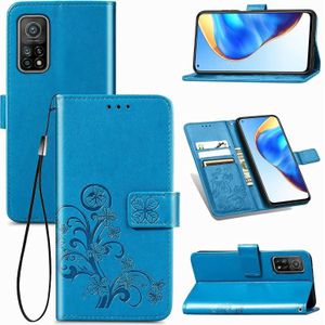 Voor Xiaomi Mi 10T / Redmi K30S Vierbladige gesp relif Gesp Mobiele Telefoon Bescherming Lederen Case met Lanyard & Card Slot & Wallet & Bracket Functie(Blauw)