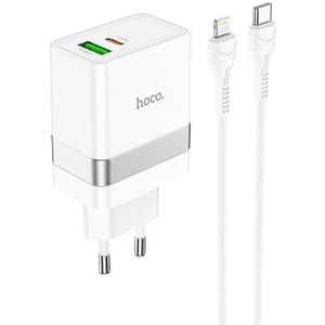 hoco N21 PD 30W Type-C / USB-C + QC 3.0 USB Mini Fast Charger with Type-C / USB-C to 8 Pin Data Cable  EU Plug(White)