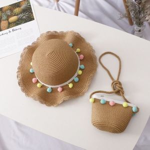 Meisjes zomer ademend stro gevlochten Floral vorm grens strand zon hoed + kleine Satchel set  grootte: 50-52cm (gekleurde bal kaki)