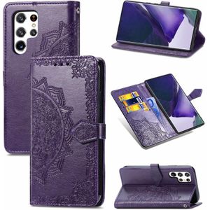 Voor Samsung Galaxy S22 Ultra 5G Mandala Bloem Relif Horizontale Flip Lederen Case met Houder & Card Slots & Portemonnee & Lanyard (Paars)