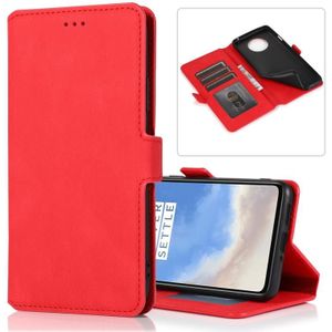 Voor OnePlus 7T Retro Magnetic Closing Clasp Horizontale Flip Lederen case met Houder & Card Slots & Photo Frame & Wallet(Red)