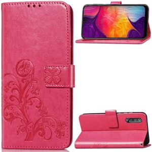 Lucky klaver geperst bloemen patroon lederen case voor Galaxy A50  met houder & card slots & portemonnee & hand strap (Rose rood)