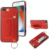 Glitter Powder PU+TPU Schokbestendige beschermhoes met houder & kaartslots & polsbandje voor iPhone 8 Plus / 7 Plus(Rood)