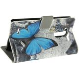 Blauwe vlinder patroon lederen hoesje met houder & opbergruimte voor pinpassen & portemonnee voor LG G3 Mini