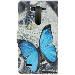 Blauwe vlinder patroon lederen hoesje met houder & opbergruimte voor pinpassen & portemonnee voor LG G3 Mini