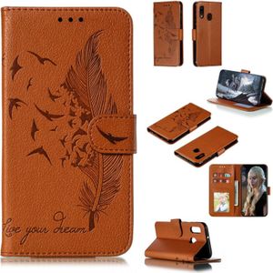 Feather patroon Litchi textuur horizontale Flip lederen draagtas met portemonnee & houder & kaartsleuven voor Galaxy A20e (bruin)