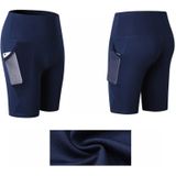 High Waist Mesh Sport Tight Elastic Quick Drying Fitness Shorts With Pocket (Color:Navy Size:XXL)