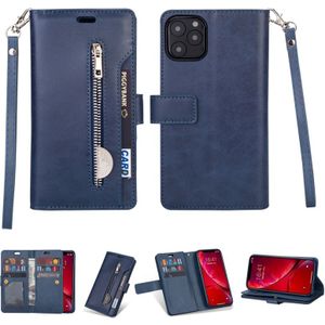 Voor iPhone 11 Pro Max Multifunctionele Rits Horizontale Flip Lederen Case met Holder & Wallet & 9 Card Slots & Lanyard(Blauw)