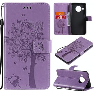 Voor Nokia X10 Tree & Cat Pattern Pressed Printing Horizontale Flip PU Lederen Case met Houder & Card Slots & Wallet & Lanyard (Purple)