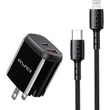 awei PD3 20W PD Type-C + QC 3.0 USB Interface Snelladen Reislader met datakabel  Amerikaanse stekker