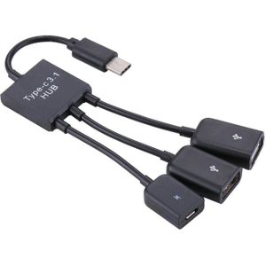 Draagbare USB-C / Type-C Male naar Dual USB poorten vrouwelijke + Micro USB vrouwelijke minikabel Hub Splitter Adapter